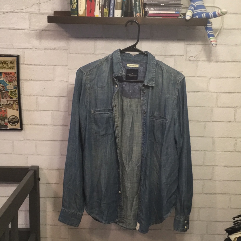 Button down denim blouse.